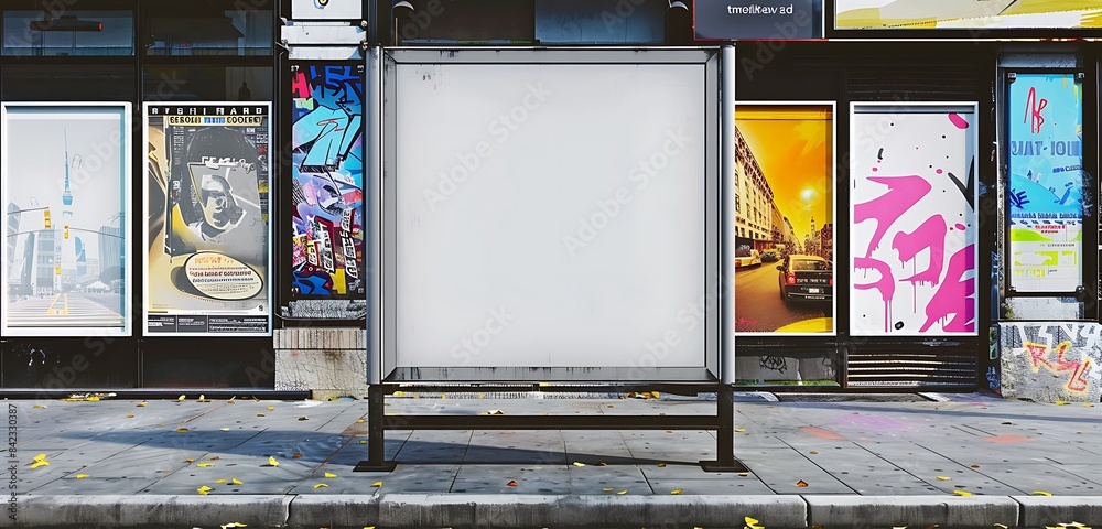 Mobile ad panel in urban setting with a large square sticker mock-up.