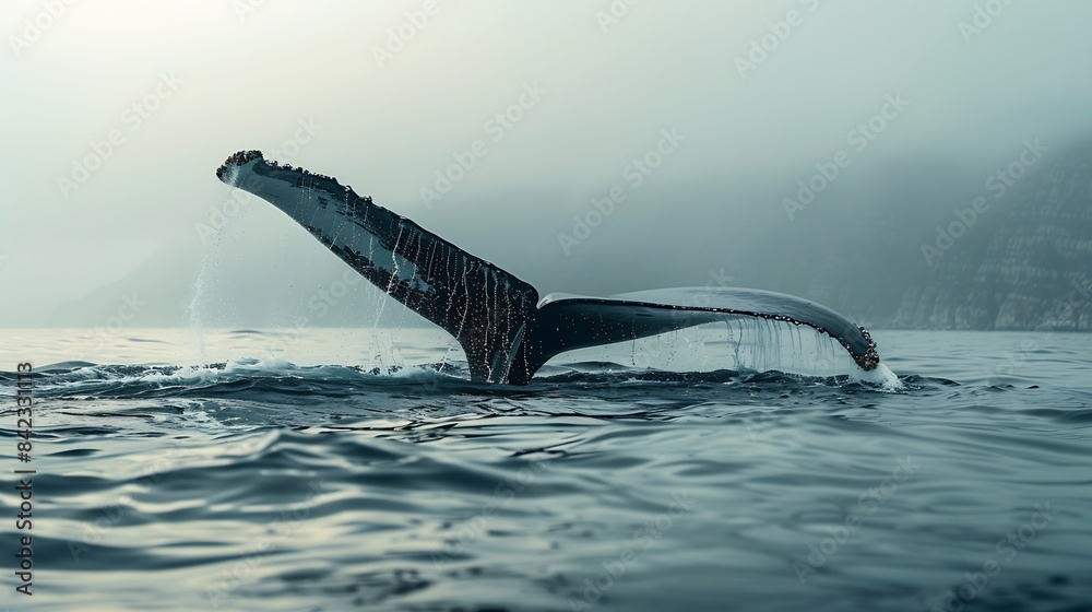 Obraz premium Seascape with Whale tail The humpback whale Megaptera novaeangliae tail dripping with water in False Bay off the Southern Africa Coast : Generative AI