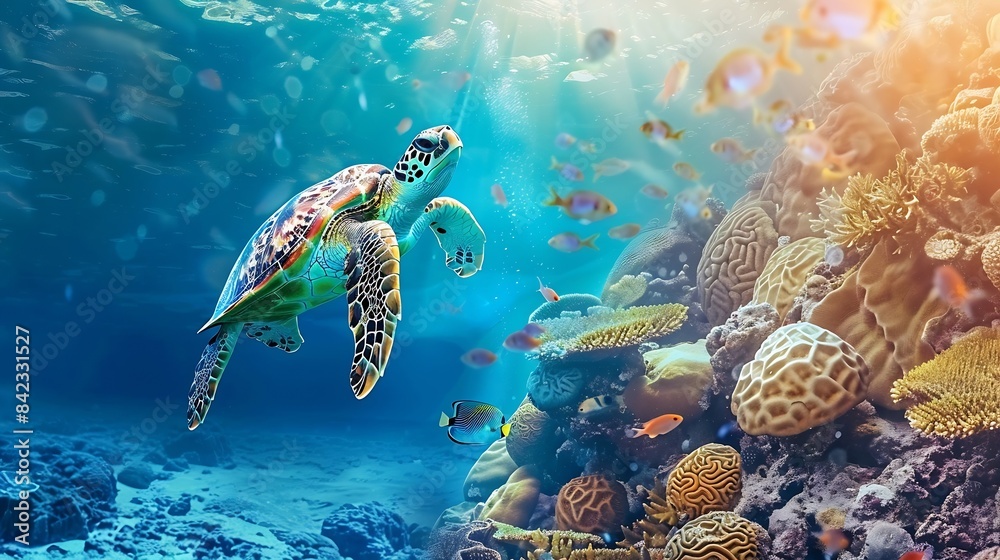 Obraz premium Underwater wildlife with animals Divers adventures in Maldives Sea turtle floating over beautiful natural ocean background Coral reef lit with sunlight trough water surface : Generative AI