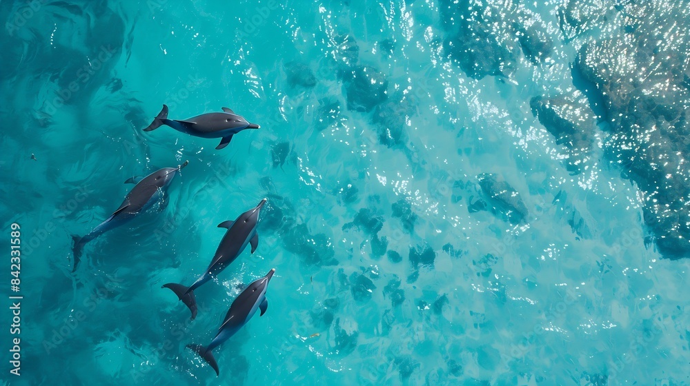 Obraz premium Aerial view of dolphins swimming through tropical blue water : Generative AI