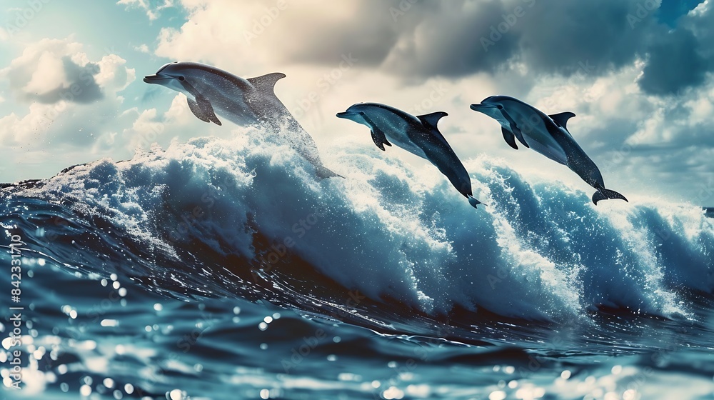 Three beautiful dolphins jumping over breaking waves Hawaii Pacific Ocean wildlife scenery Marine animals in natural habitat : Generative AI Three beautiful dolphins jumping over breaking waves Hawaii Pacific Ocean wildlife scenery Marine animals in natural habitat : Generative AI