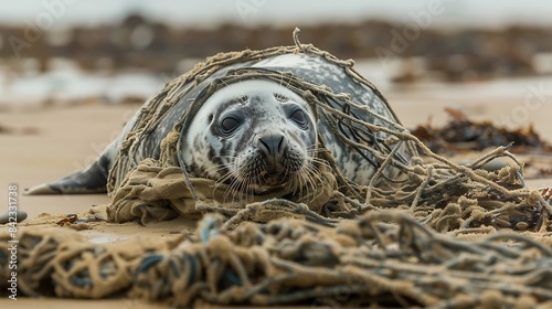 An Atlantic Grey Seal tragically caught in the remains of a fishing net rests on Horsey Beach in Norfolk England These  pictures were used to alert animal welfare services to the seals : Generative AI