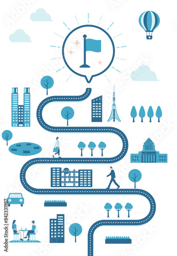 Flag and everyday scenery Vertical banner illustration ( destination / business goal Metaphor  )