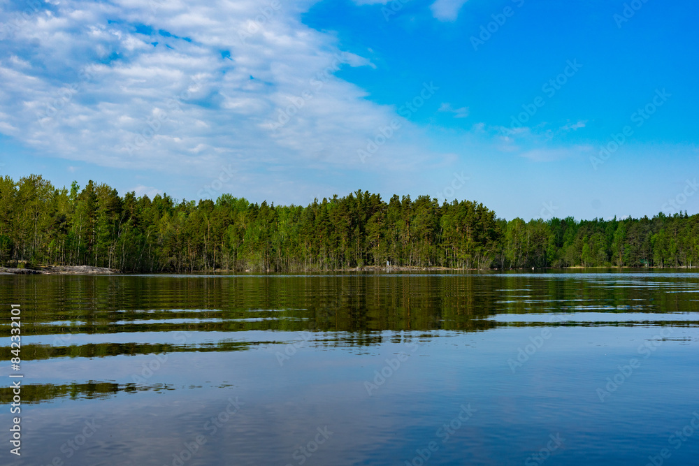 Scenic view of the lake and forest against the blue sky Scenic view of the lake and forest against the blue sky