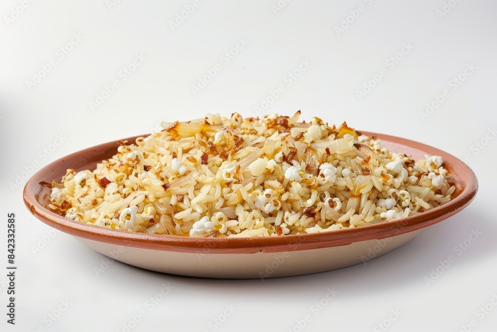 Aromatic Baked Popcorn Rice with Onion and Garlic in Elegant Earthenware Aromatic Baked Popcorn Rice with Onion and Garlic in Elegant Earthenware