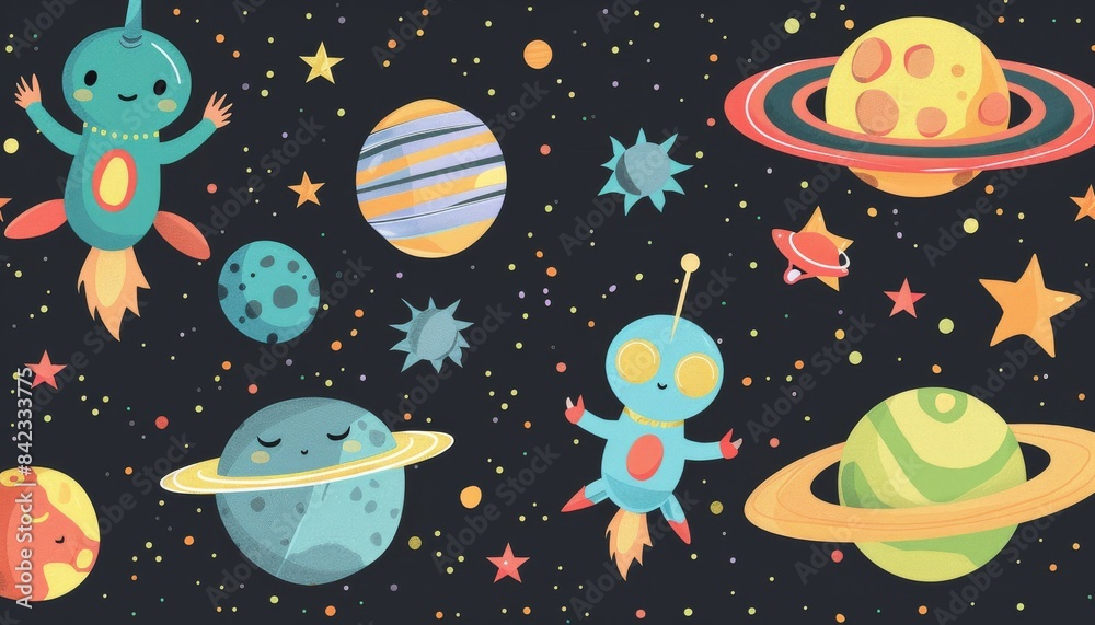 Cute aliens and planets floating in a starry night sky. Perfect for kids' room decor or space-themed projects. Cute aliens and planets floating in a starry night sky. Perfect for kids' room decor or space-themed projects.