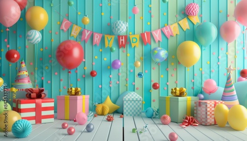 Colorful birthday party backdrop with balloons, gifts, and a banner.  Perfect for a festive celebration. photo