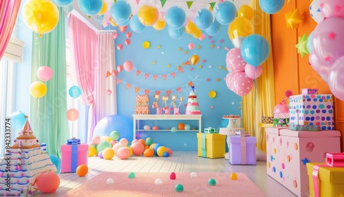 Colorful birthday party room with balloons, gifts, and decorations. photo