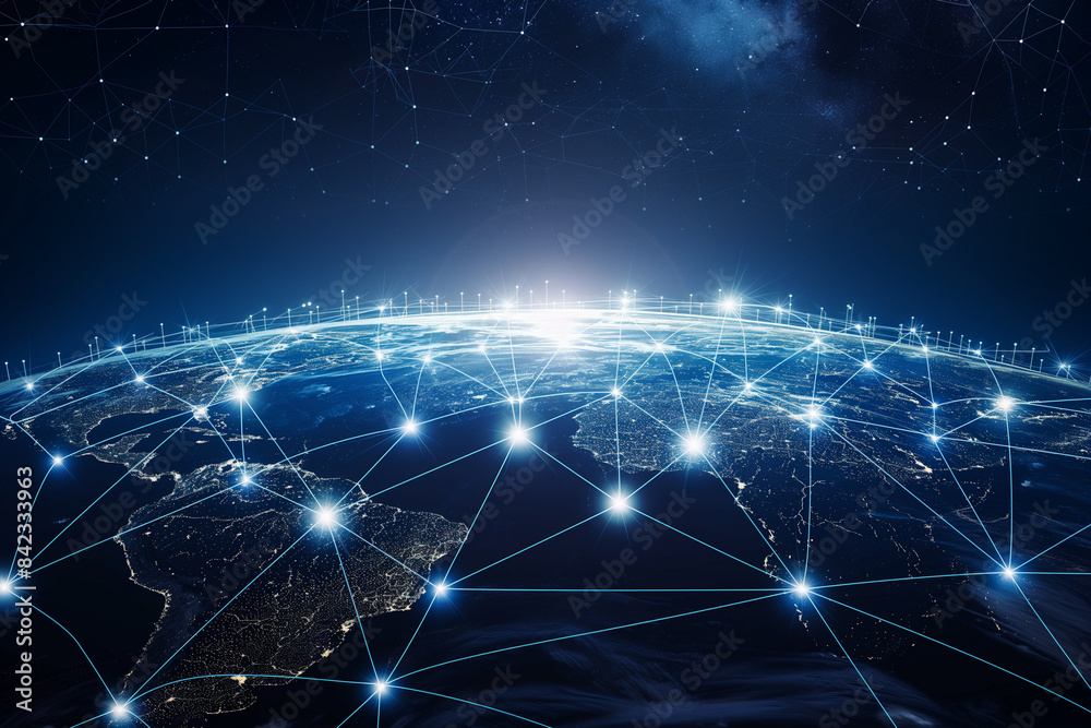 Dot and wire connections cover the Internet technology background on the Earth's surface Dot and wire connections cover the Internet technology background on the Earth's surface