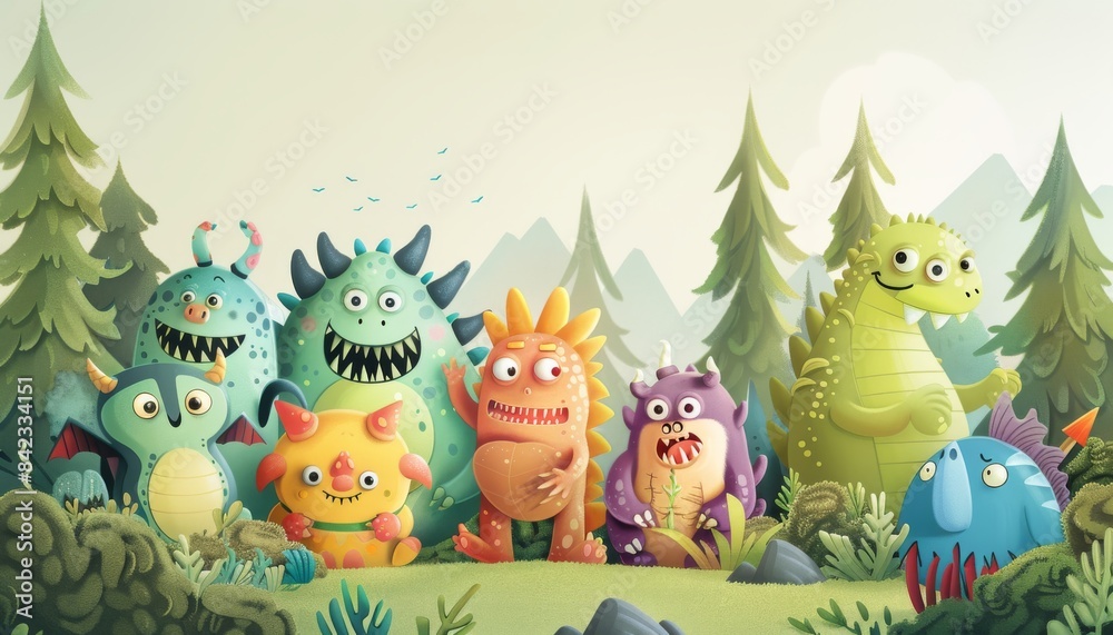 Fototapeta premium A group of friendly, colorful monsters standing in a forest clearing.