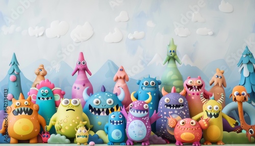 A group of colorful, whimsical monsters stand together in a whimsical setting. They have various shapes, sizes, and expressions.