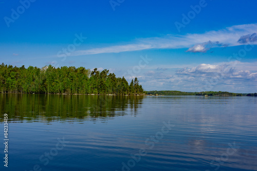 Scenic view of the lake and forest against the blue sky