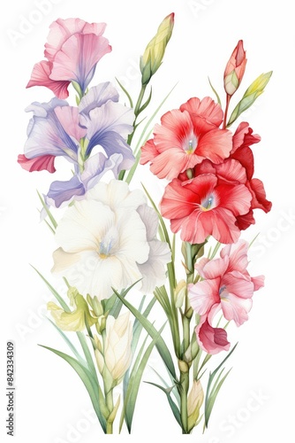 gladiolus themed frame or border for photos . with tall spikes of colorful blooms. watercolor illustration  white color background. Wedding Invitation.