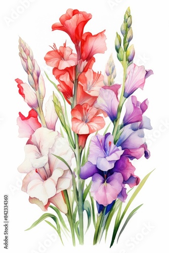 gladiolus themed frame or border for photos . with tall spikes of colorful blooms. watercolor illustration, white color background. Wedding Invitation.