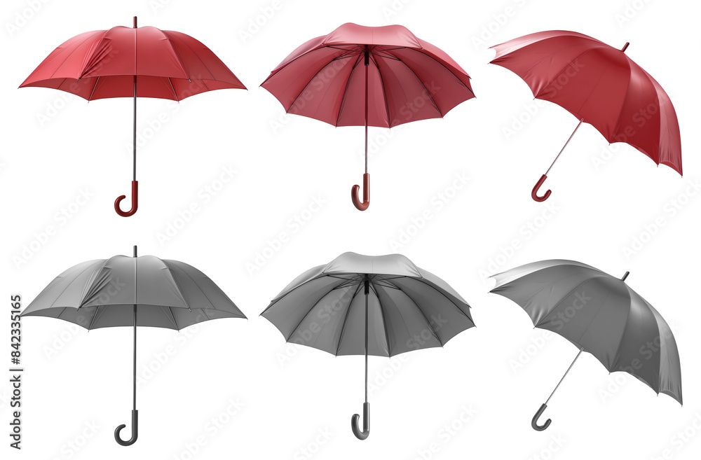 2 Set of red maroon grey gray canopy umbrella parasol brolly, on transparent cutout PNG file. Many assorted different angles. Mockup template for artwork design 2 Set of red maroon grey gray canopy umbrella parasol brolly, on transparent cutout PNG file. Many assorted different angles. Mockup template for artwork design