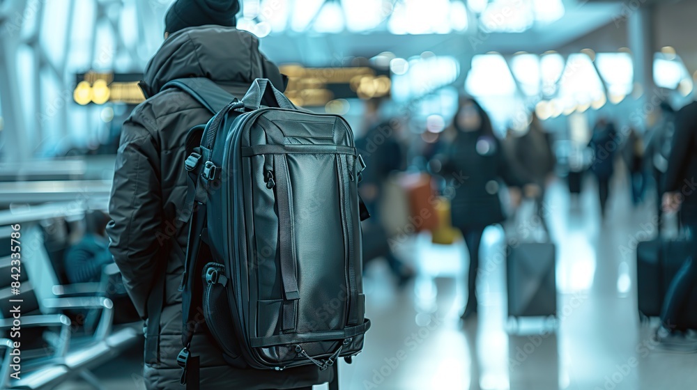 Fototapeta premium Photo of, a versatile convertible backpack-suitcase hybrid in an airport, with a blurred background of busy travelers. copy space for text.