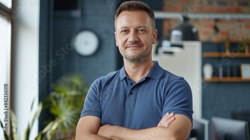 A man wearing a blue polo shirt, looking at the camera, arms crossed, he has a firm, professional and confident look, smiling, office background.