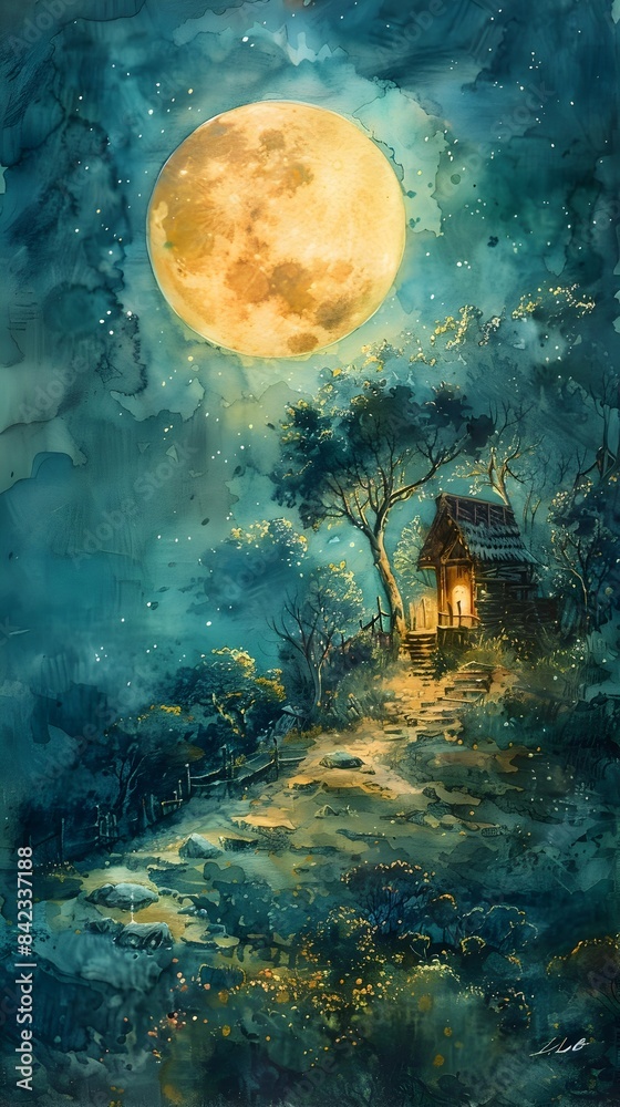 Moonlit Solitude Cabin in the Enchanting Forest Under the Starry Sky