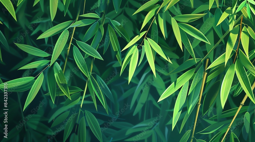Artistic depiction of bamboo leaves with vibrant green hues, presented in a flat design style with clean lines Artistic depiction of bamboo leaves with vibrant green hues, presented in a flat design style with clean lines