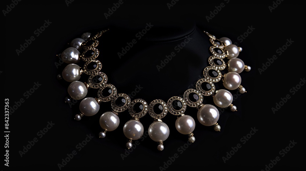 Stylish women s necklace adorned with white sea pearls against a sleek black backdrop embodying elegance and style