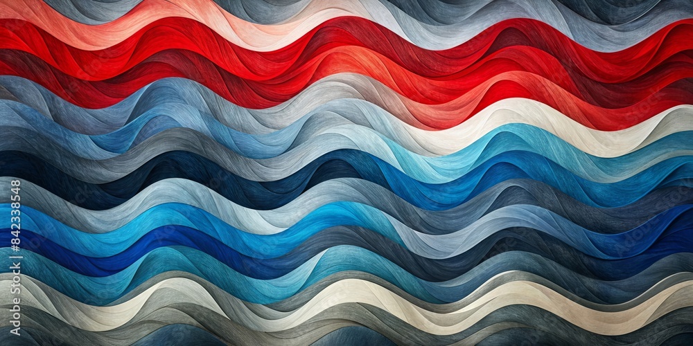 A colorful wave pattern with blue, red, and white stripes A colorful wave pattern with blue, red, and white stripes