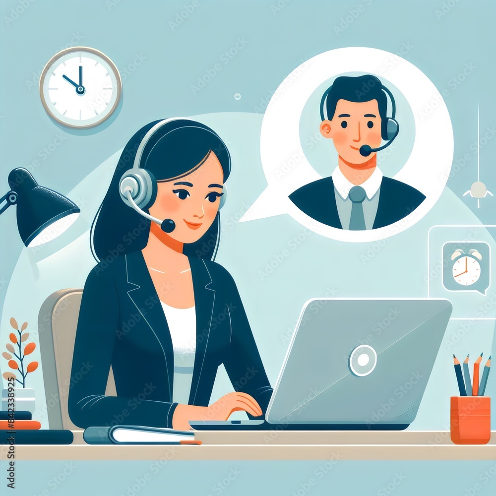 a serene and professional scene of a female customer service representative deeply engaged in a conversation with a male client, shown within a thought bubble. a serene and professional scene of a female customer service representative deeply engaged in a conversation with a male client, shown within a thought bubble.