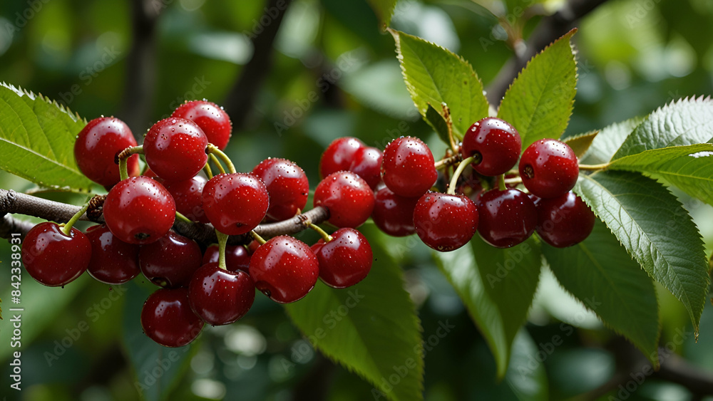 Fototapeta premium Luscious cherries hanging ripe and red on the trees, ready for harvest, painting the orchard in a vibrant burst of color and flavor.