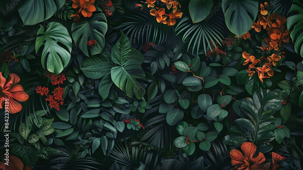 Lush vine and flower background, deep greens and rich colors, jungle-inspired design Lush vine and flower background, deep greens and rich colors, jungle-inspired design
