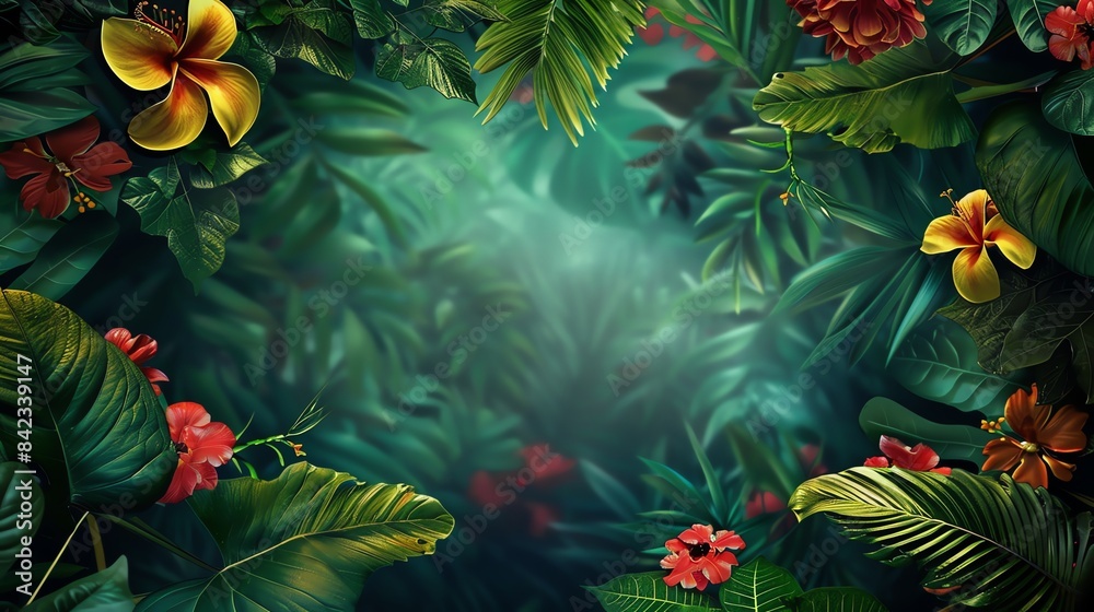 Lush vine and flower background, deep greens and rich colors, jungle-inspired design Lush vine and flower background, deep greens and rich colors, jungle-inspired design