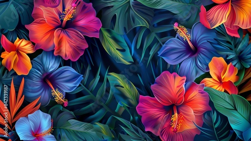 Tropical vine and flower design, vibrant and exotic colors, seamless background