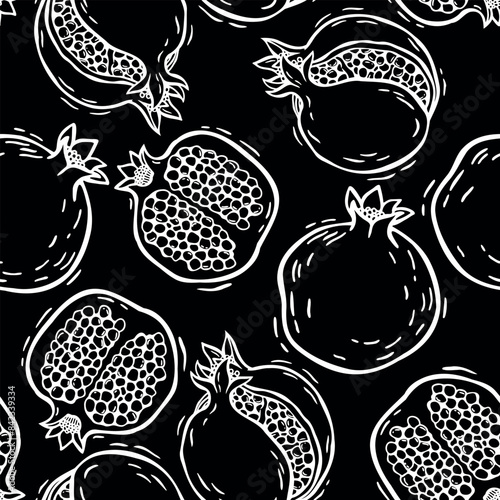 Pattern of different pomegranate fruits. Vector botanical black and white pattern in linocut style on a black background. For packaging design of products and cosmetics, textiles, paper, wallpaper.