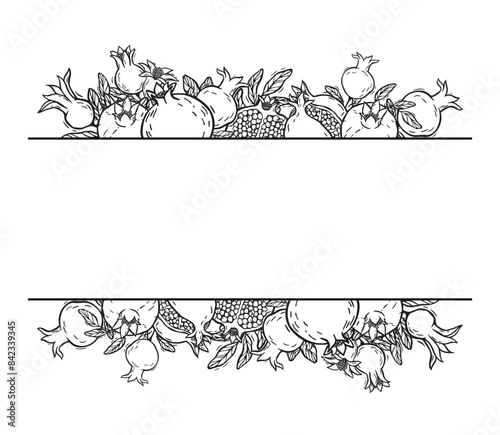 Pomegranate fruits with seeds and branches with leaves. Botanical black and white border, hand drawn in linocut style. Drawing for design of product packaging, menus, recipes, postcards.