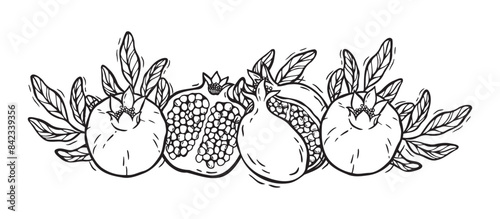 Vector composition of pomegranate halves with seeds and leaves. Botanical black and white illustration, hand drawn in linocut style. Drawing for design of packaging, menus, recipes, postcards.