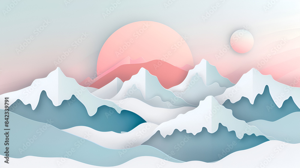 Paper cut beautiful mountains with snow peaks in the sunset Paper cut beautiful mountains with snow peaks in the sunset