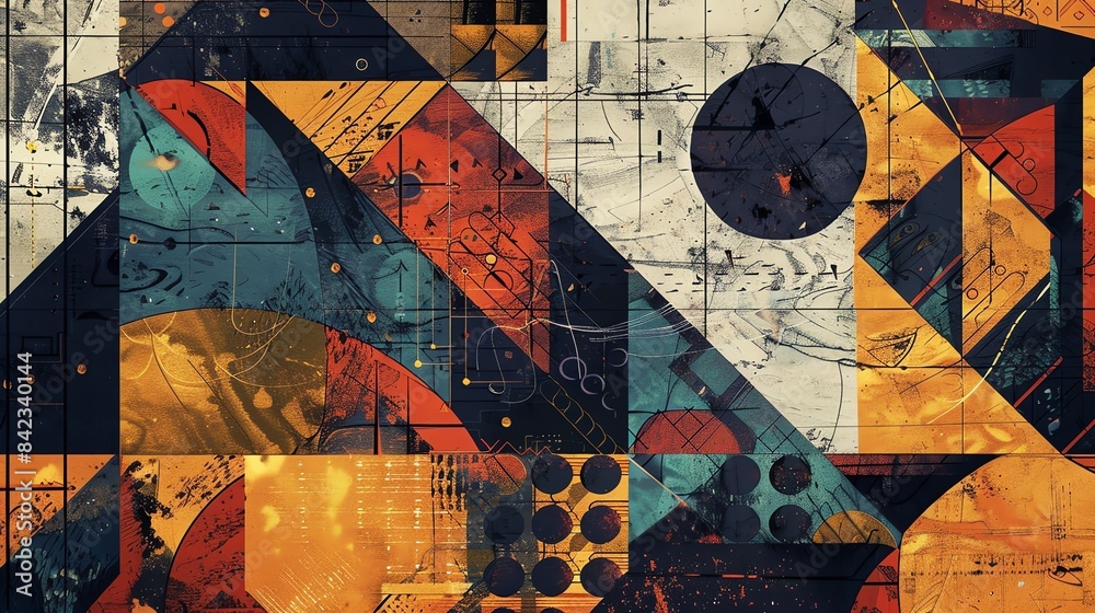 Abstract geometric shapes with a grunge texture. Earthy colors of red, orange, yellow, brown, and blue. Abstract geometric shapes with a grunge texture. Earthy colors of red, orange, yellow, brown, and blue.