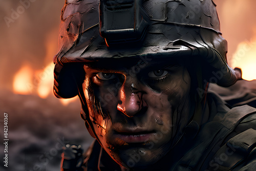 A close-up illustration of a soldier's face, with determined eyes peeking out from under a helmet, dirt and sweat on their skin, capturing the grit and determination of combat.