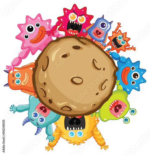 Cute monsters surrounding a large cookie