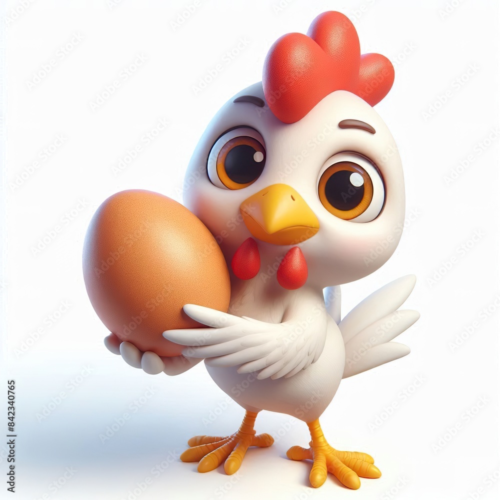 a 3D Full body funny chicken hen holding an egg in her hand, white background a 3D Full body funny chicken hen holding an egg in her hand, white background