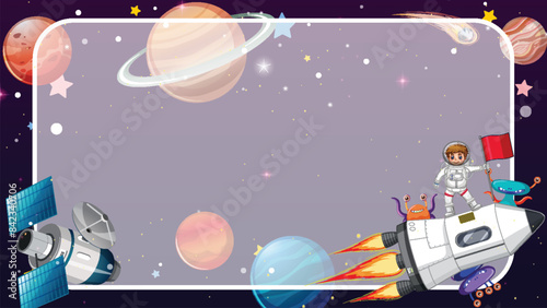 Astronaut exploring space with rocket and planets