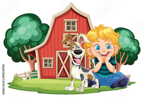 A boy and dog sitting happily together
