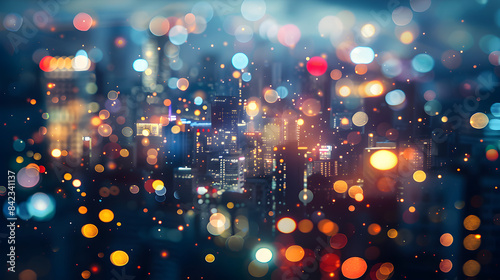 Glow Abstract Night City Background with Bokeh Lights. City light nightlife defocused blurred glowing abstract concept. Summer Music Festival Panorama with Vibrant Celebration. Enchanting Urban 


 photo