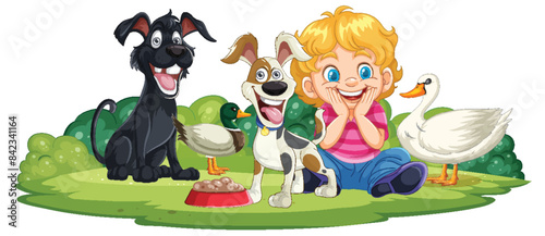 Child with dogs and ducks in a park