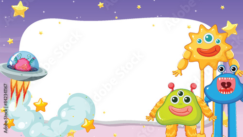 Cute aliens with spaceship and stars