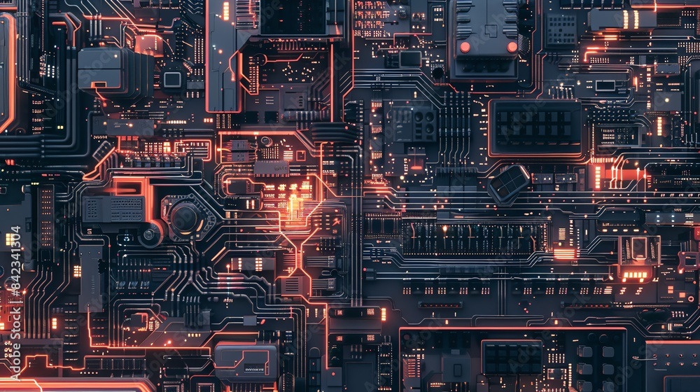 A close-up of an electronic circuit board with orange glowing lines. The circuit board is made of black and grey components. A close-up of an electronic circuit board with orange glowing lines. The circuit board is made of black and grey components.