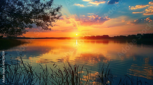 The image of a vibrant sunset over a serene lake captivates with its colorful reflections shimmering on the water.