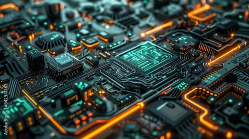 A close-up of a computer circuit board with glowing orange and green lights.