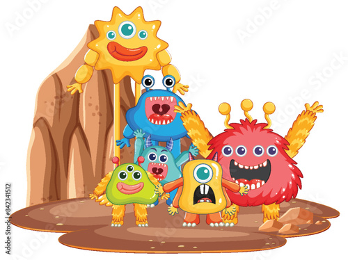 Group of friendly, colorful monsters in a cave
