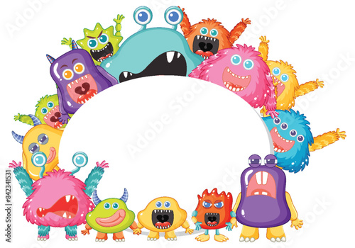 Cute monsters forming a circular frame