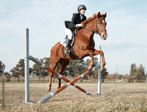 Horse, show jumping and woman on ranch or outdoor for fitness, performance and sport or competition. Event, animal and jockey in countryside for rodeo, dressage and equestrian in arena for obstacles