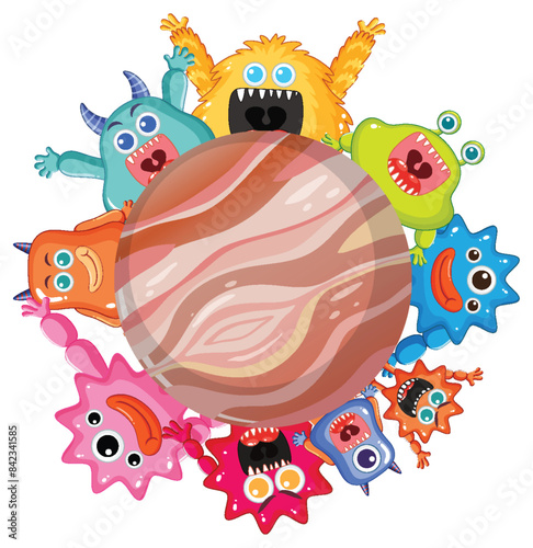 Cute monsters encircle a striped planet